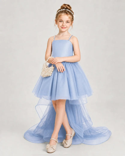 Dideyttawl Pearl Strap High-Low Tulle Girl Pageant Dress