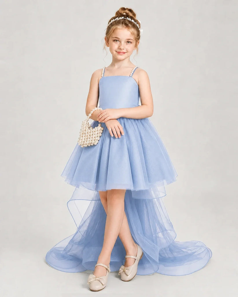 Dusty blue satin and tulle high low dress girls pageant dresses
