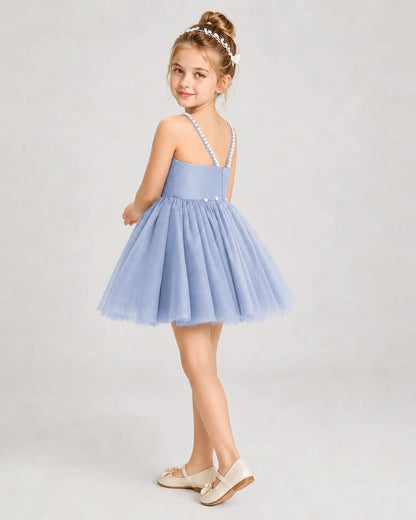 Dideyttawl Pearl Strap High-Low Tulle Girl Pageant Dress