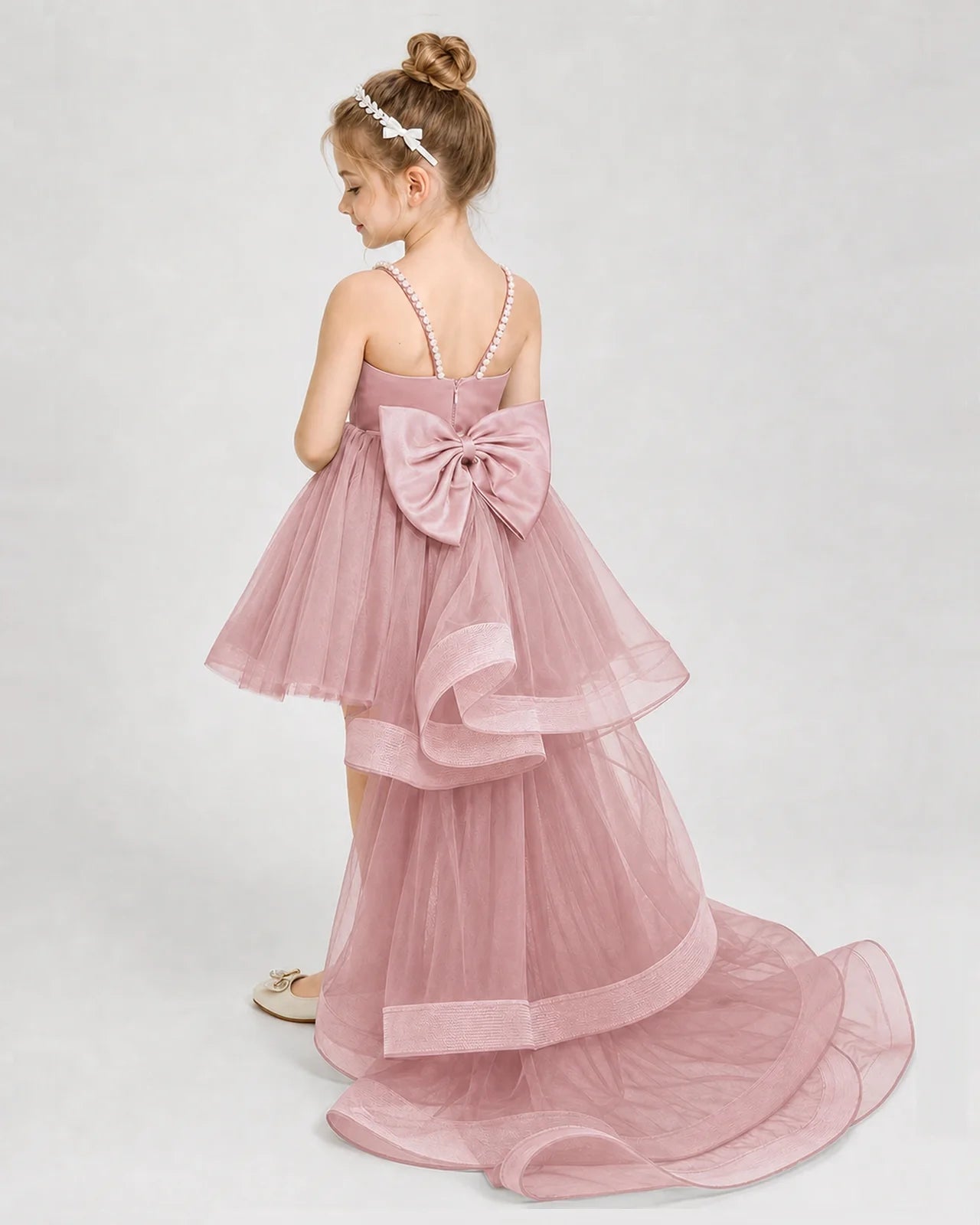 Dideyttawl Pearl Strap High-Low Tulle Girl Pageant Dress