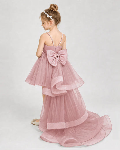 Dideyttawl Pearl Strap High-Low Tulle Girl Pageant Dress