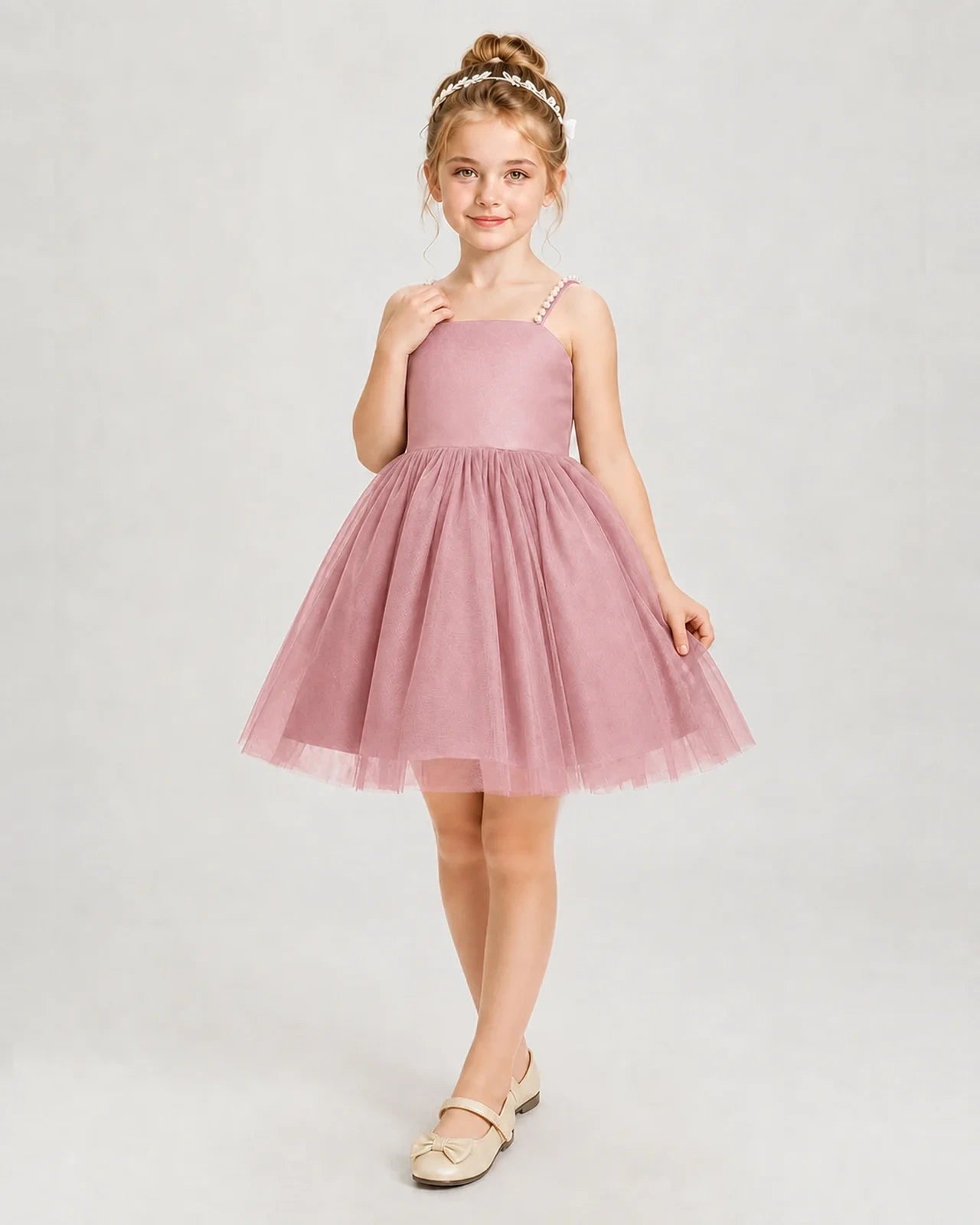 Dideyttawl Pearl Strap High-Low Tulle Girl Pageant Dress