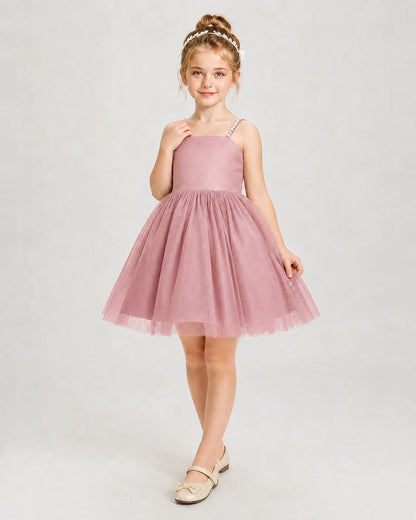 Dideyttawl Pearl Strap High-Low Tulle Girl Pageant Dress