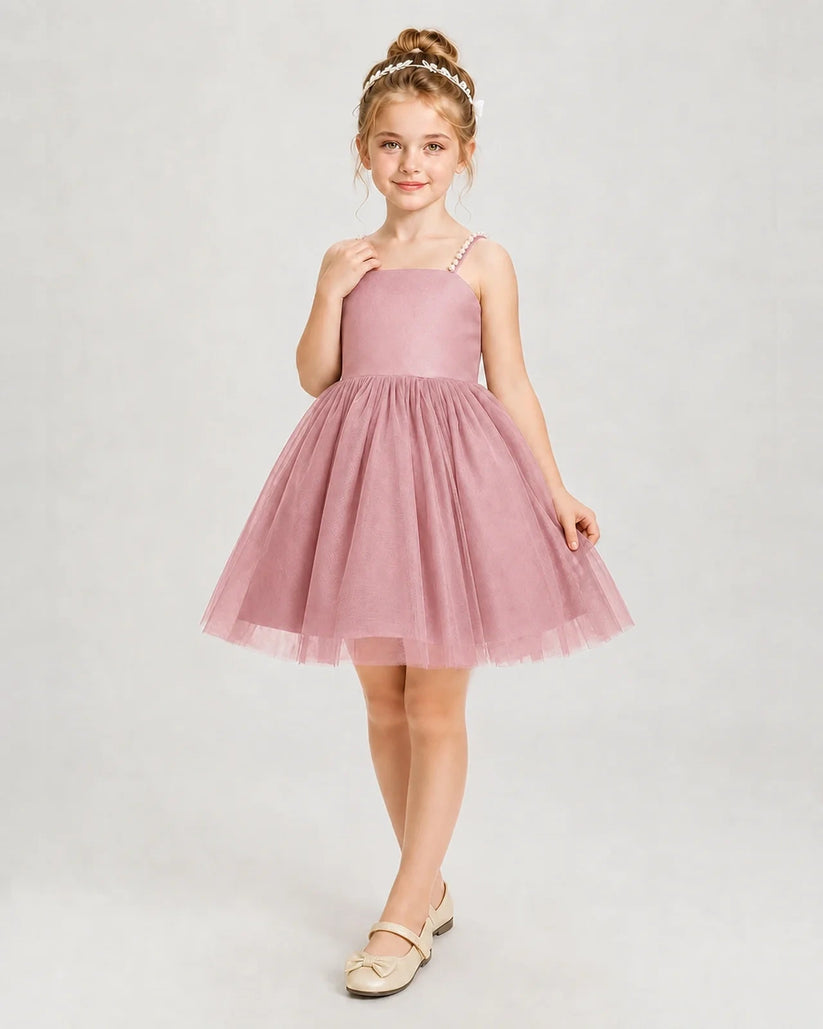 Dusty Rose Satin Tulle A-Line Girls Pageant Dresses Front View
