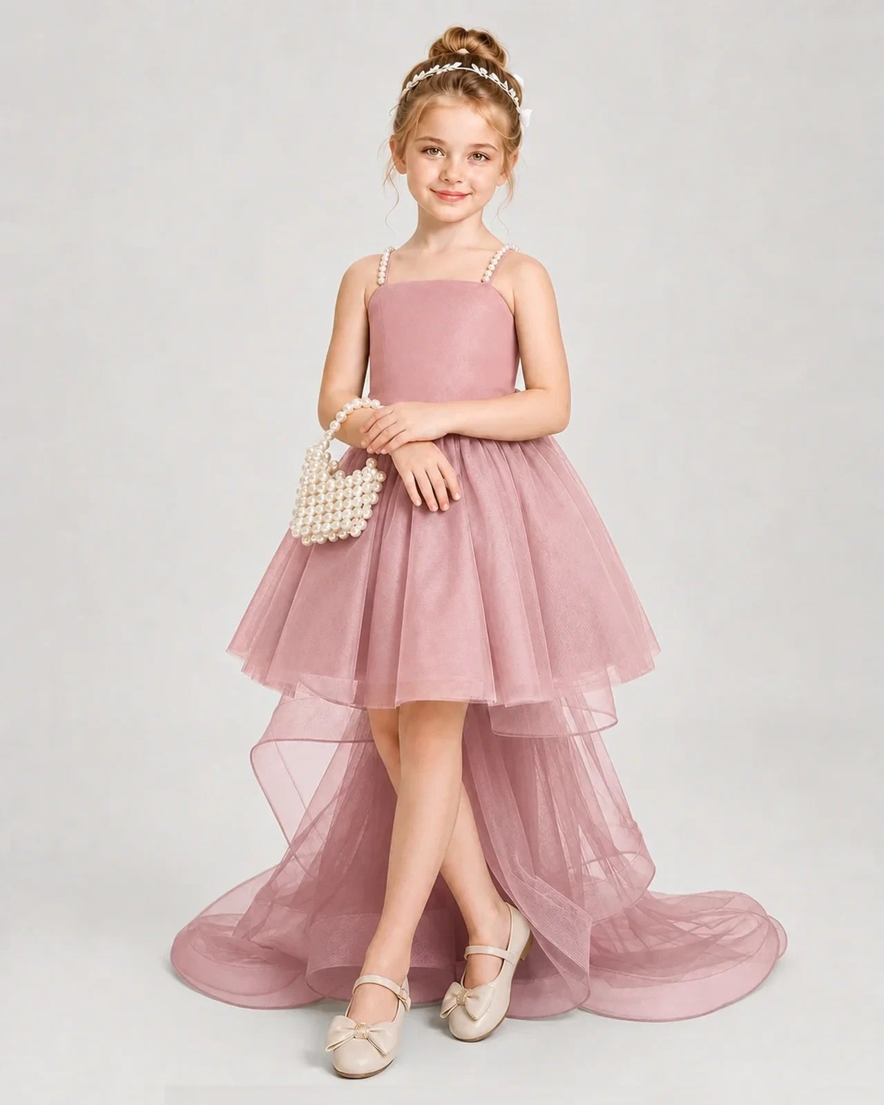 Dideyttawl Pearl Strap High-Low Tulle Girl Pageant Dress