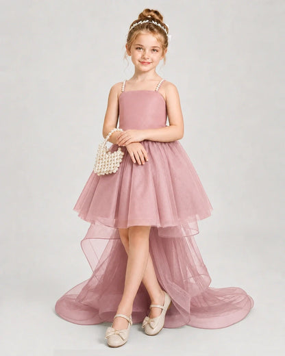 Dideyttawl Pearl Strap High-Low Tulle Girl Pageant Dress
