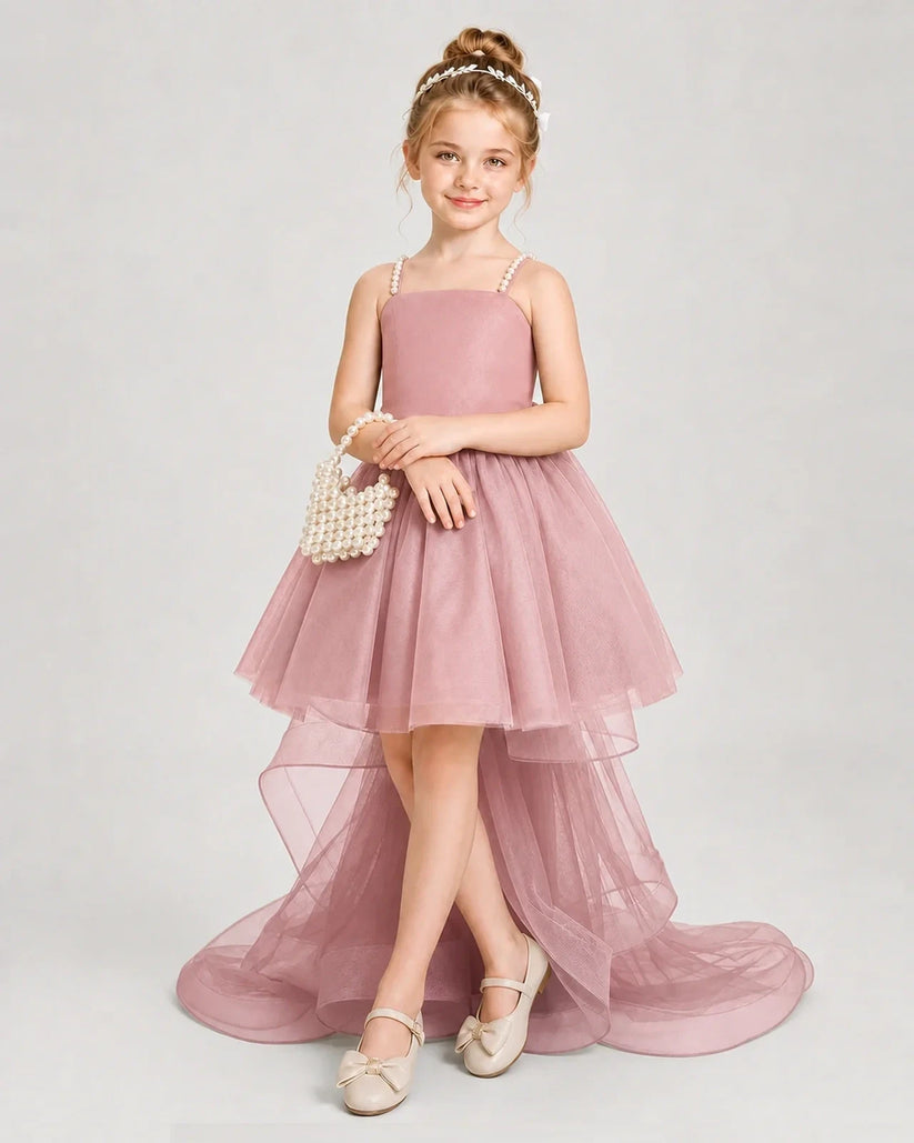 Dusty Rose Satin Tulle High Low Girls Pageant Dresses