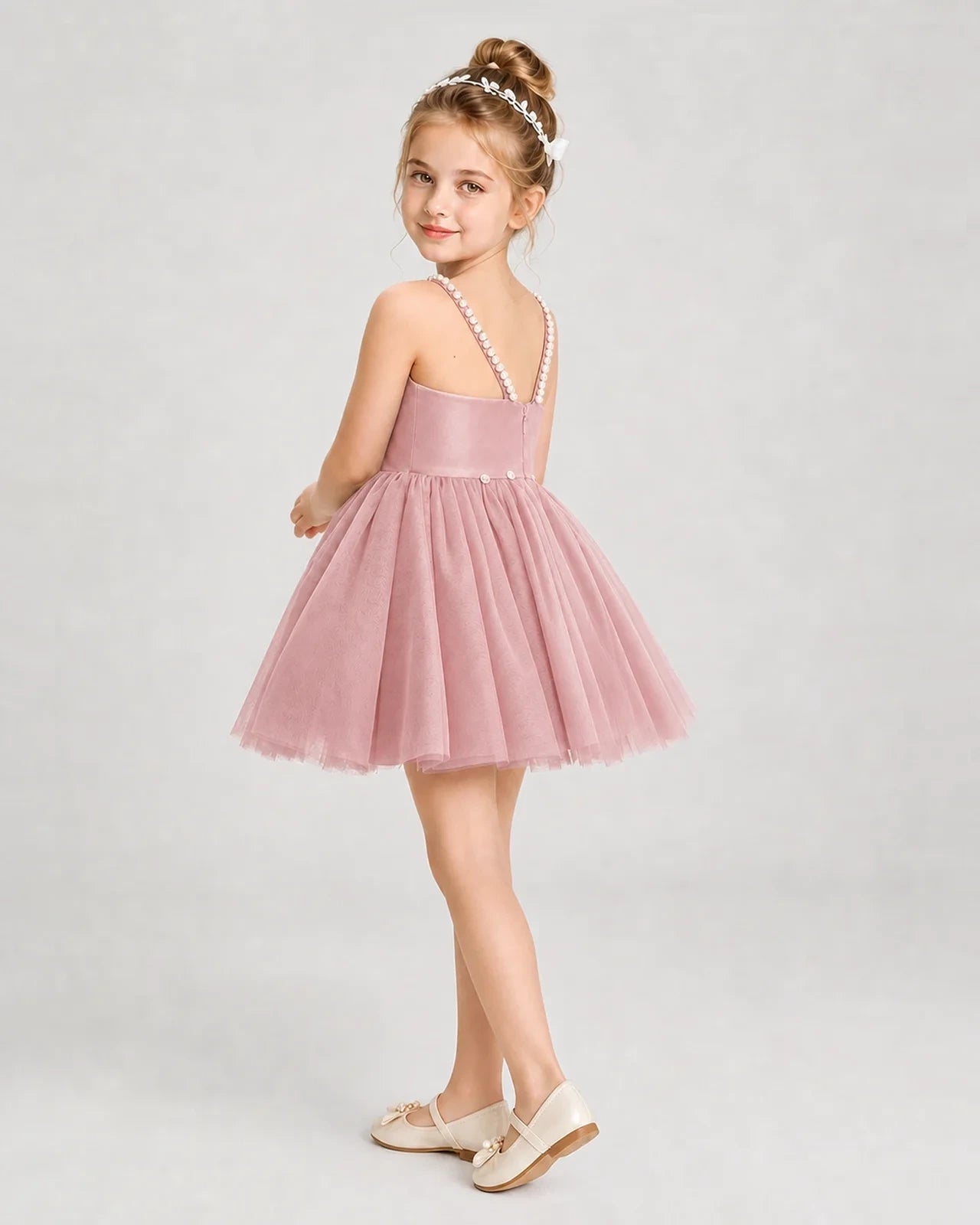 Dideyttawl Pearl Strap High-Low Tulle Girl Pageant Dress