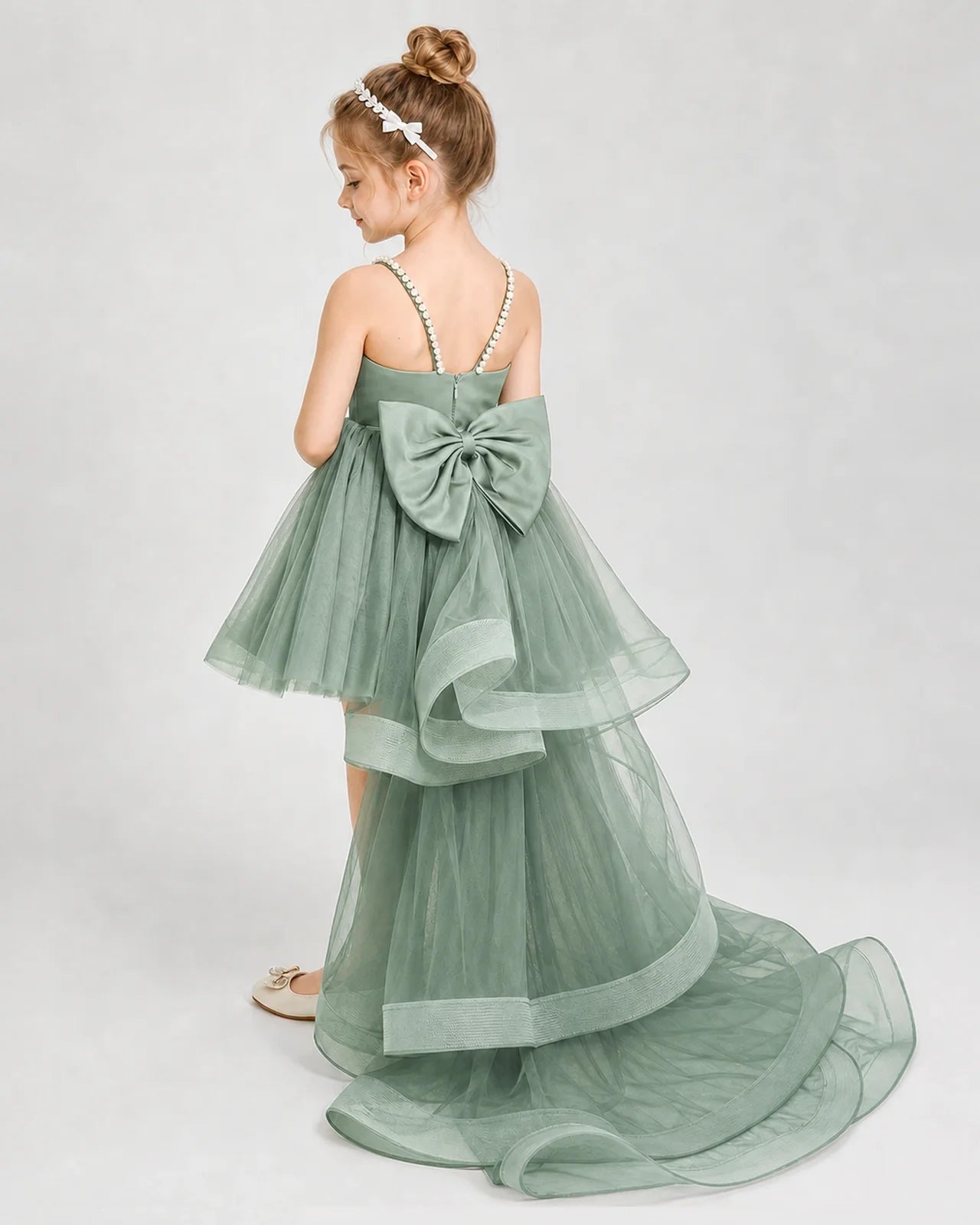 Dideyttawl Pearl Strap High-Low Tulle Girl Pageant Dress