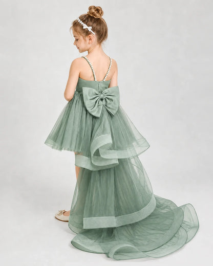 Dideyttawl Pearl Strap High-Low Tulle Girl Pageant Dress