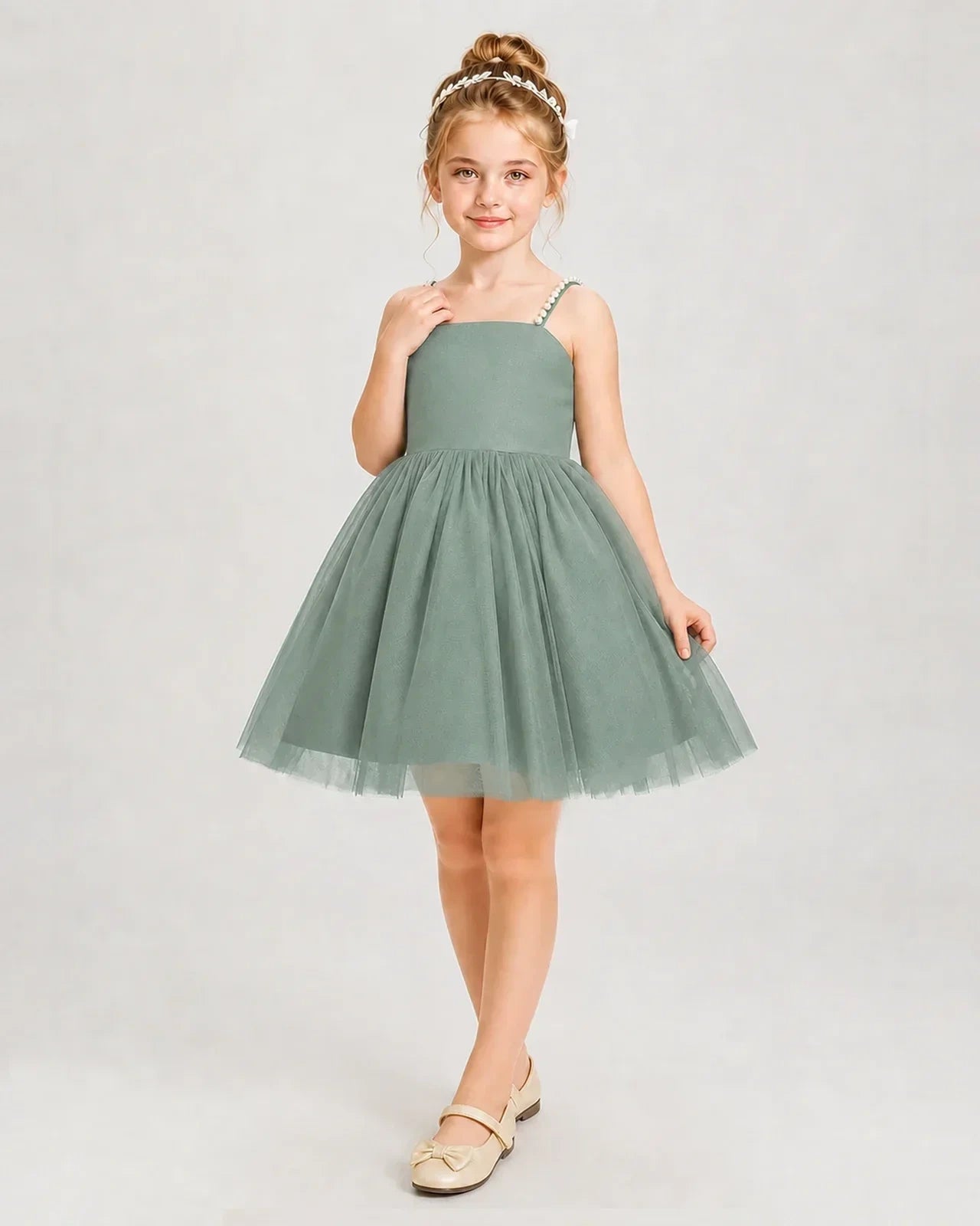 Dideyttawl Pearl Strap High-Low Tulle Girl Pageant Dress
