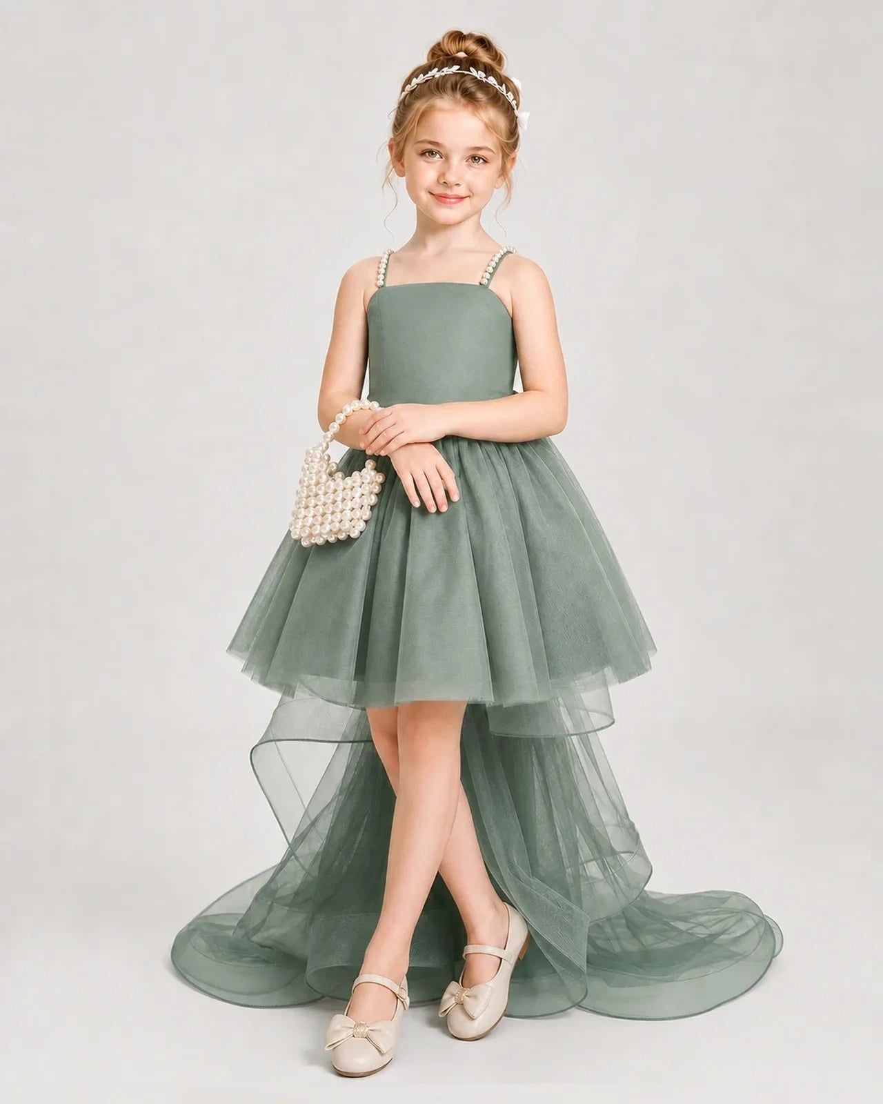 Dideyttawl Pearl Strap High-Low Tulle Girl Pageant Dress