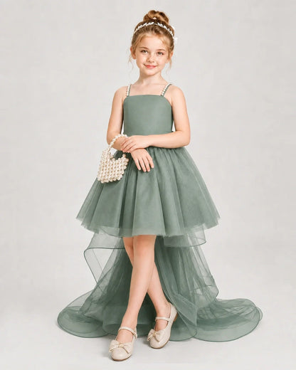Dideyttawl Pearl Strap High-Low Tulle Girl Pageant Dress