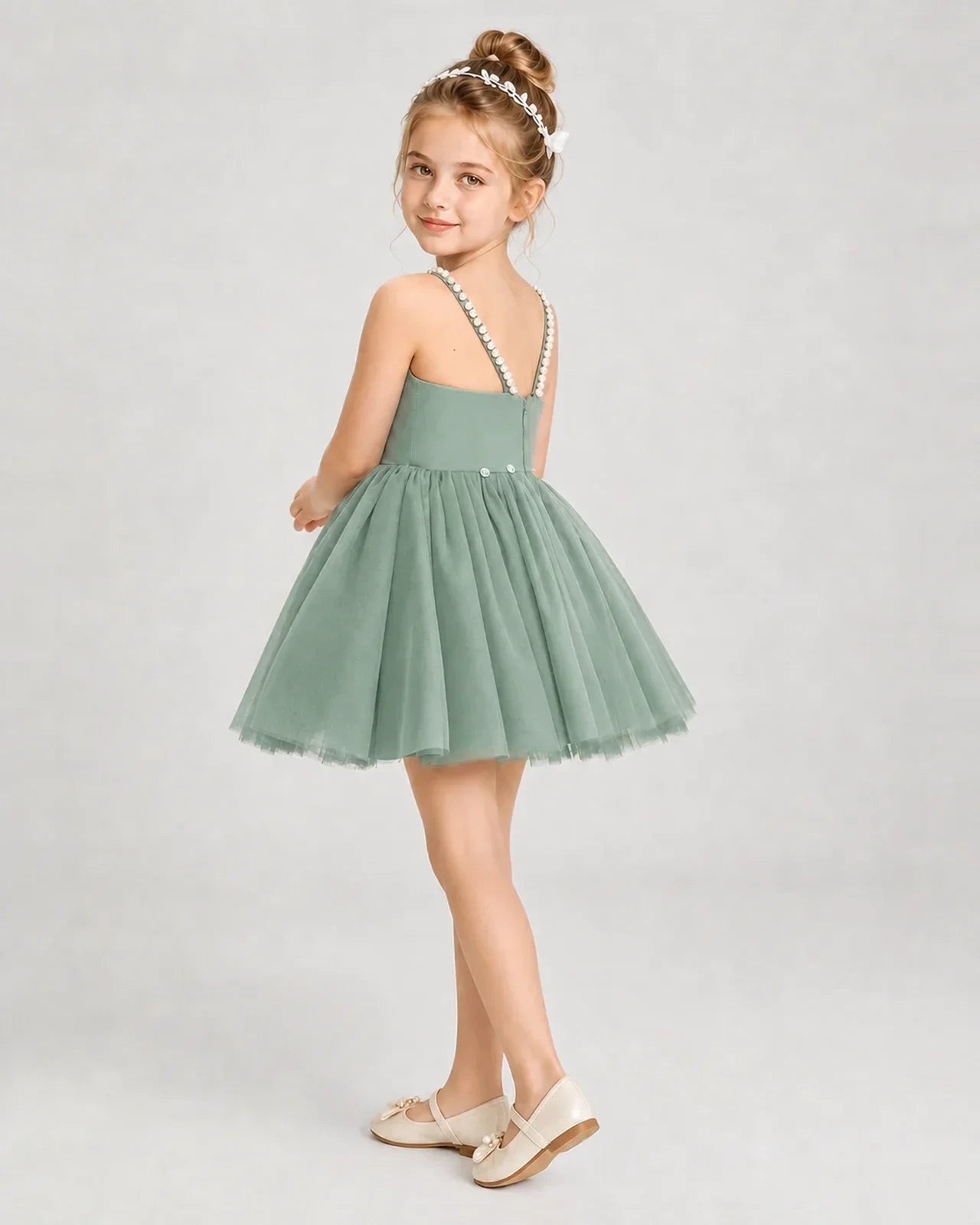 Dideyttawl Pearl Strap High-Low Tulle Girl Pageant Dress