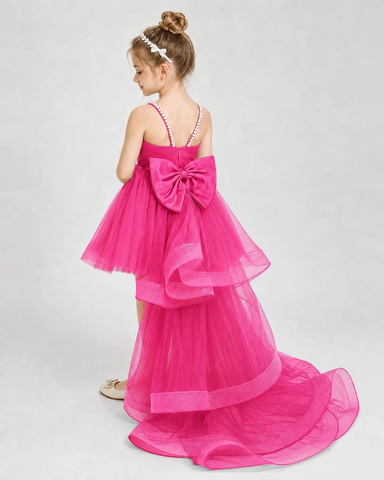Dideyttawl Pearl Strap High-Low Tulle Girl Pageant Dress