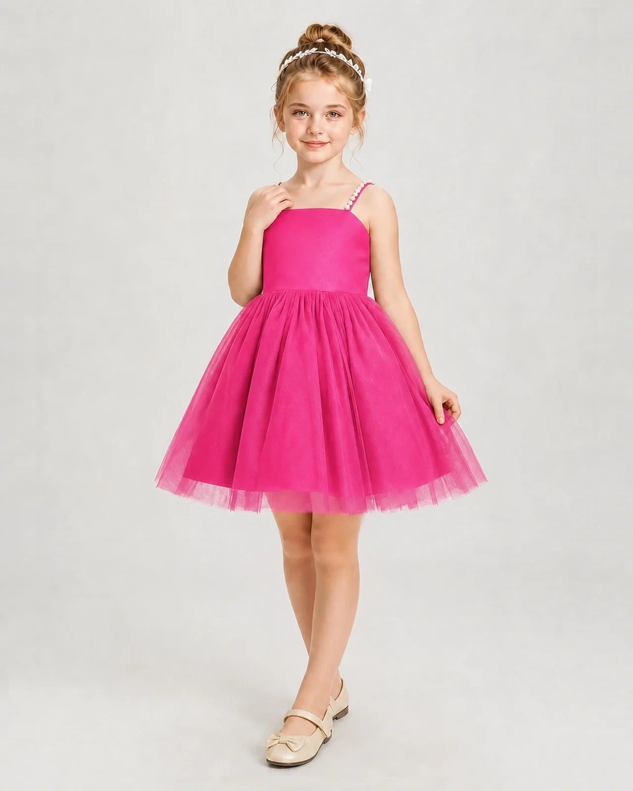 Dideyttawl Pearl Strap High-Low Tulle Girl Pageant Dress