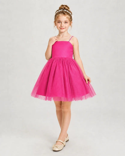 Dideyttawl Pearl Strap High-Low Tulle Girl Pageant Dress
