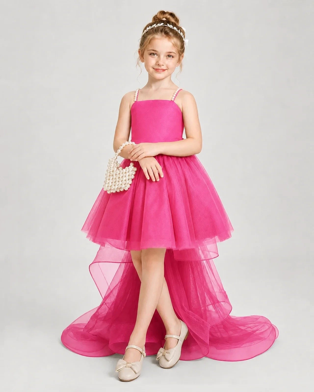 Dideyttawl Pearl Strap High-Low Tulle Girl Pageant Dress
