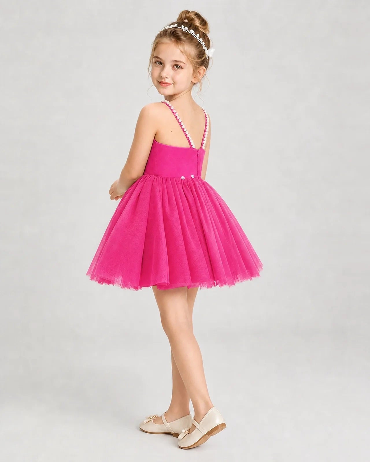 Dideyttawl Pearl Strap High-Low Tulle Girl Pageant Dress