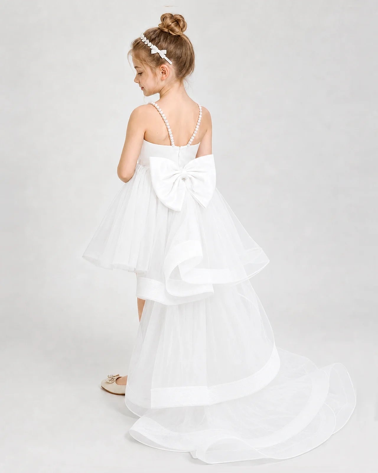 Dideyttawl Pearl Strap High-Low Tulle Girl Pageant Dress