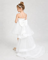 Ivory satin and tulle high low girls pageant dress, back view.