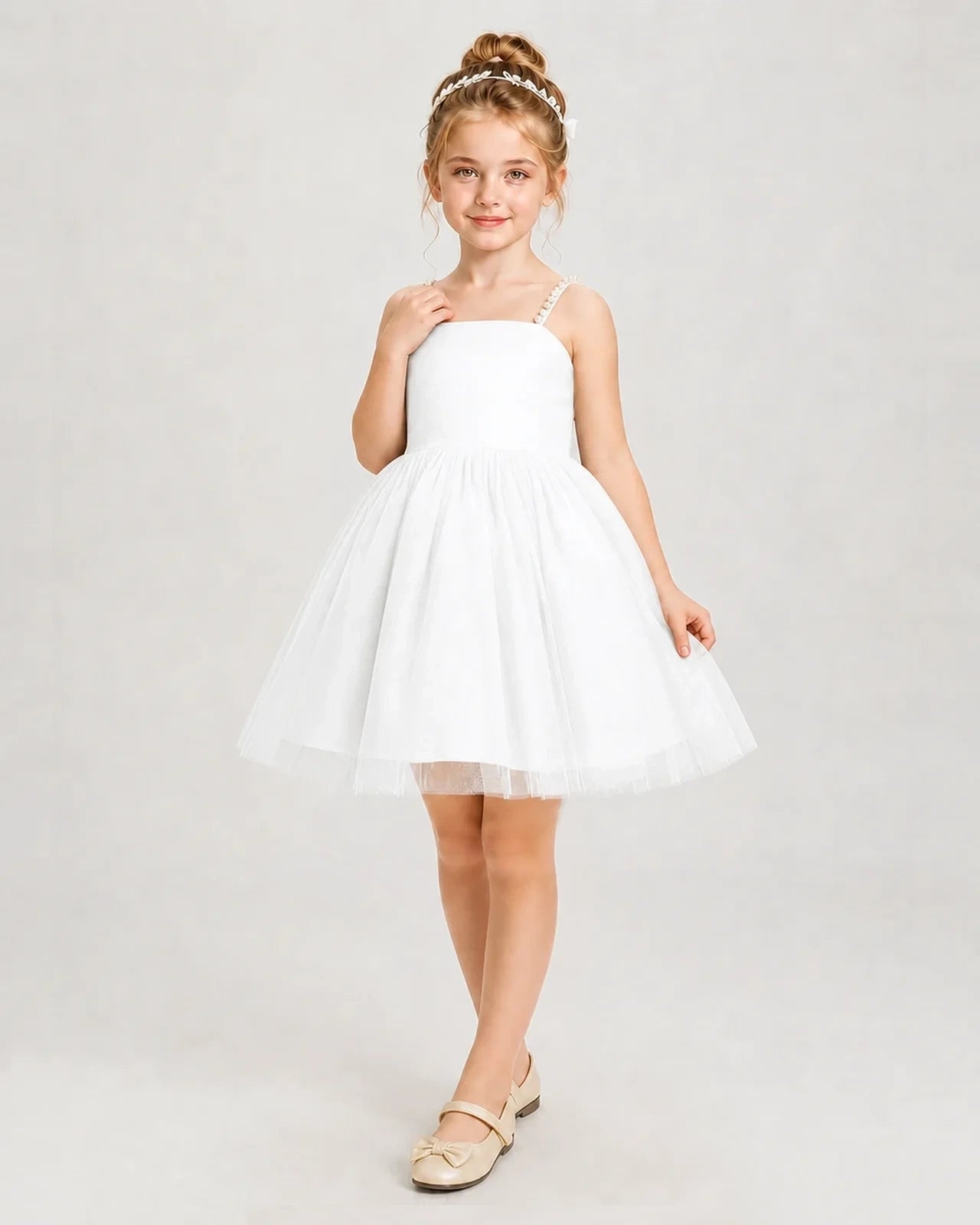 Dideyttawl Pearl Strap High-Low Tulle Girl Pageant Dress