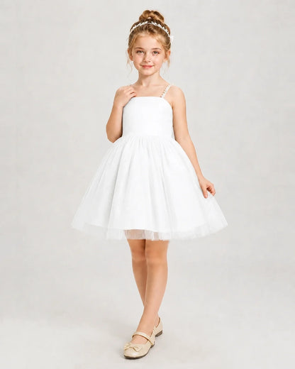 Dideyttawl Pearl Strap High-Low Tulle Girl Pageant Dress