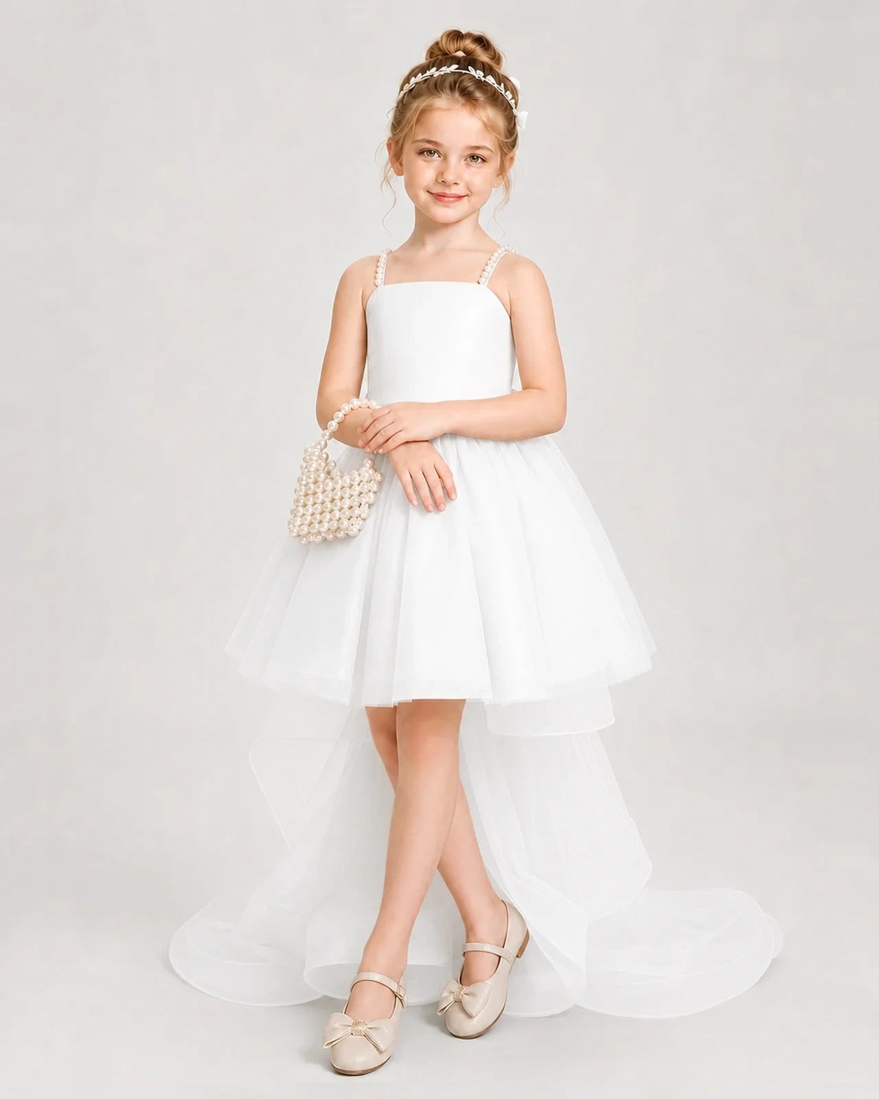 Dideyttawl Pearl Strap High-Low Tulle Girl Pageant Dress