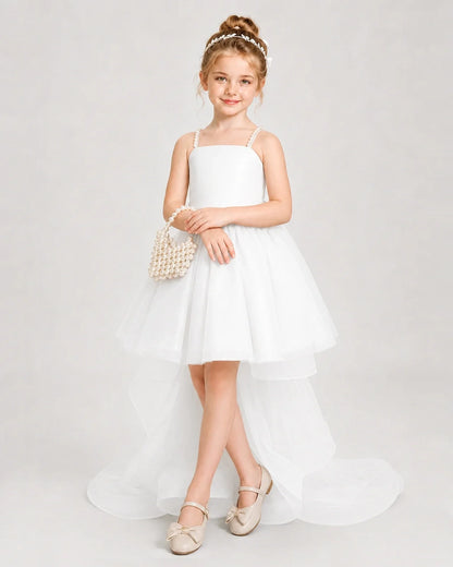 Dideyttawl Pearl Strap High-Low Tulle Girl Pageant Dress