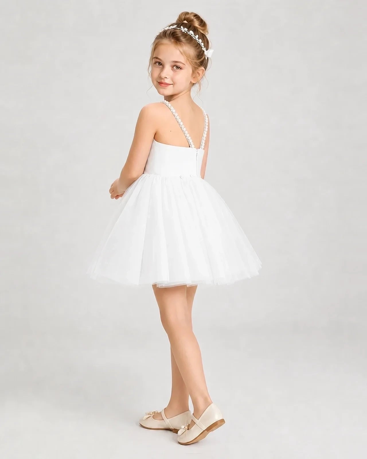 Dideyttawl Pearl Strap High-Low Tulle Girl Pageant Dress