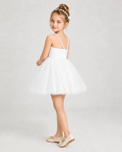 Dideyttawl Pearl Strap High-Low Tulle Girl Pageant Dress