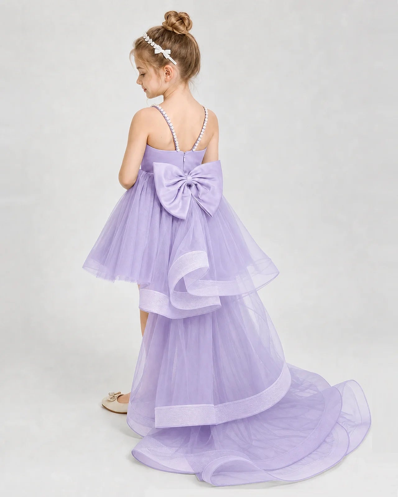 Dideyttawl Pearl Strap High-Low Tulle Girl Pageant Dress