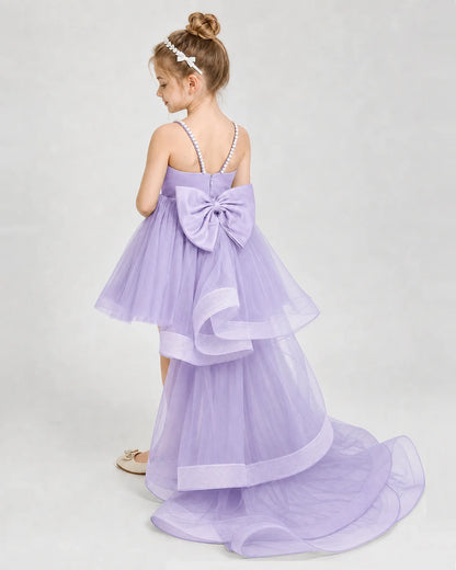 Dideyttawl Pearl Strap High-Low Tulle Girl Pageant Dress
