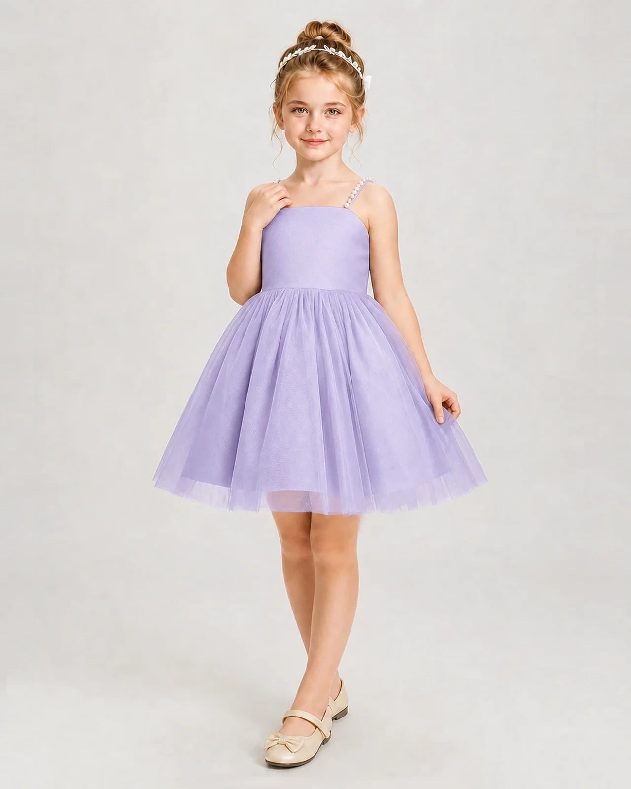 Dideyttawl Pearl Strap High-Low Tulle Girl Pageant Dress