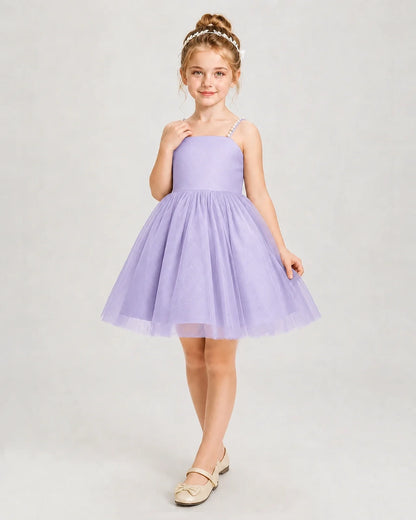 Dideyttawl Pearl Strap High-Low Tulle Girl Pageant Dress