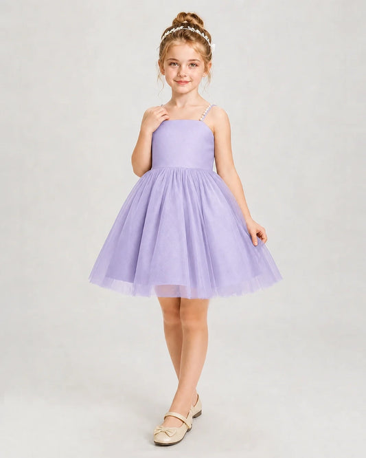 Lavender Satin and Tulle A-Line Girls Pageant Dresses Front View