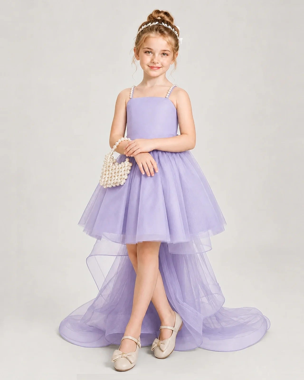 Dideyttawl Pearl Strap High-Low Tulle Girl Pageant Dress