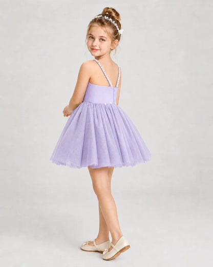Dideyttawl Pearl Strap High-Low Tulle Girl Pageant Dress