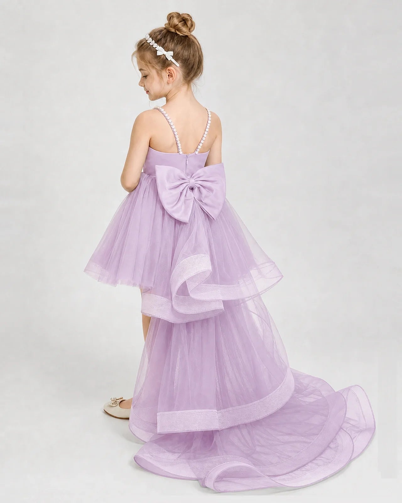 Dideyttawl Pearl Strap High-Low Tulle Girl Pageant Dress