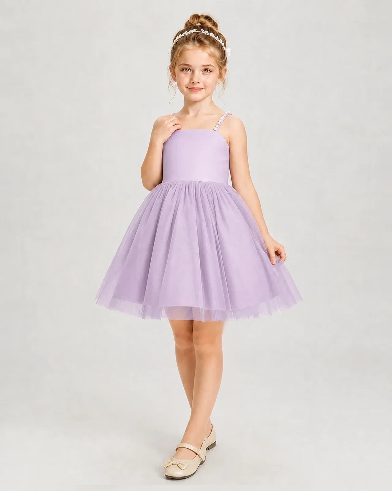 Dideyttawl Pearl Strap High-Low Tulle Girl Pageant Dress