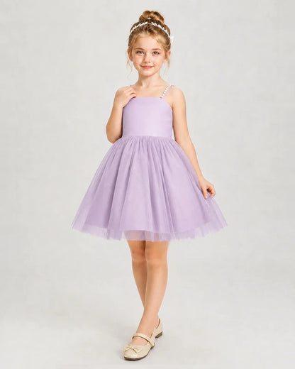 Dideyttawl Pearl Strap High-Low Tulle Girl Pageant Dress