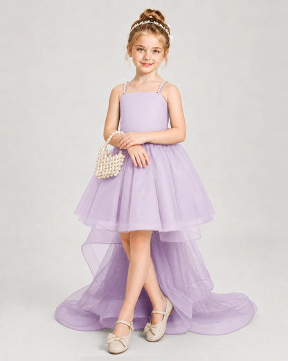 Dideyttawl Pearl Strap High-Low Tulle Girl Pageant Dress