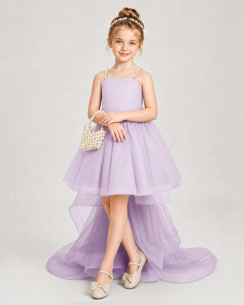Lilac Satin and Tulle High Low Girls Pageant Dresses Front View