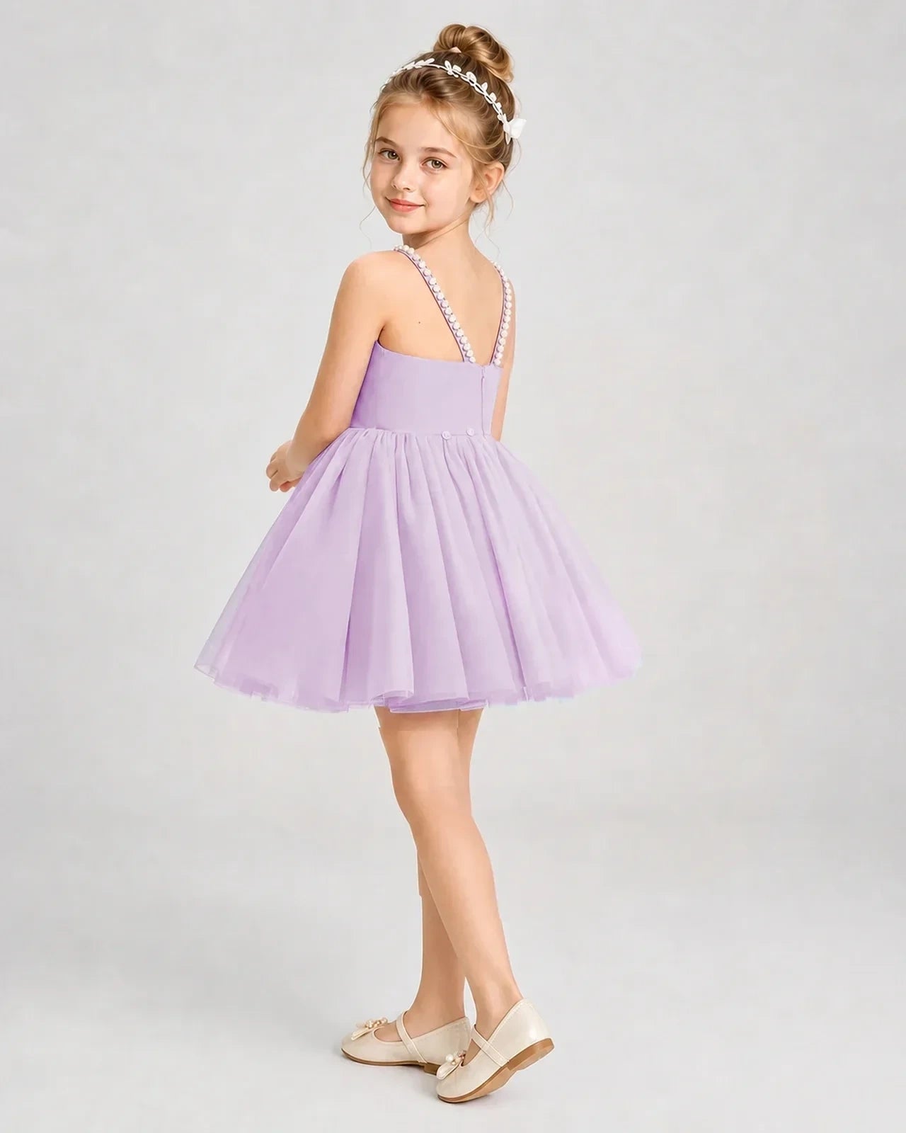 Dideyttawl Pearl Strap High-Low Tulle Girl Pageant Dress