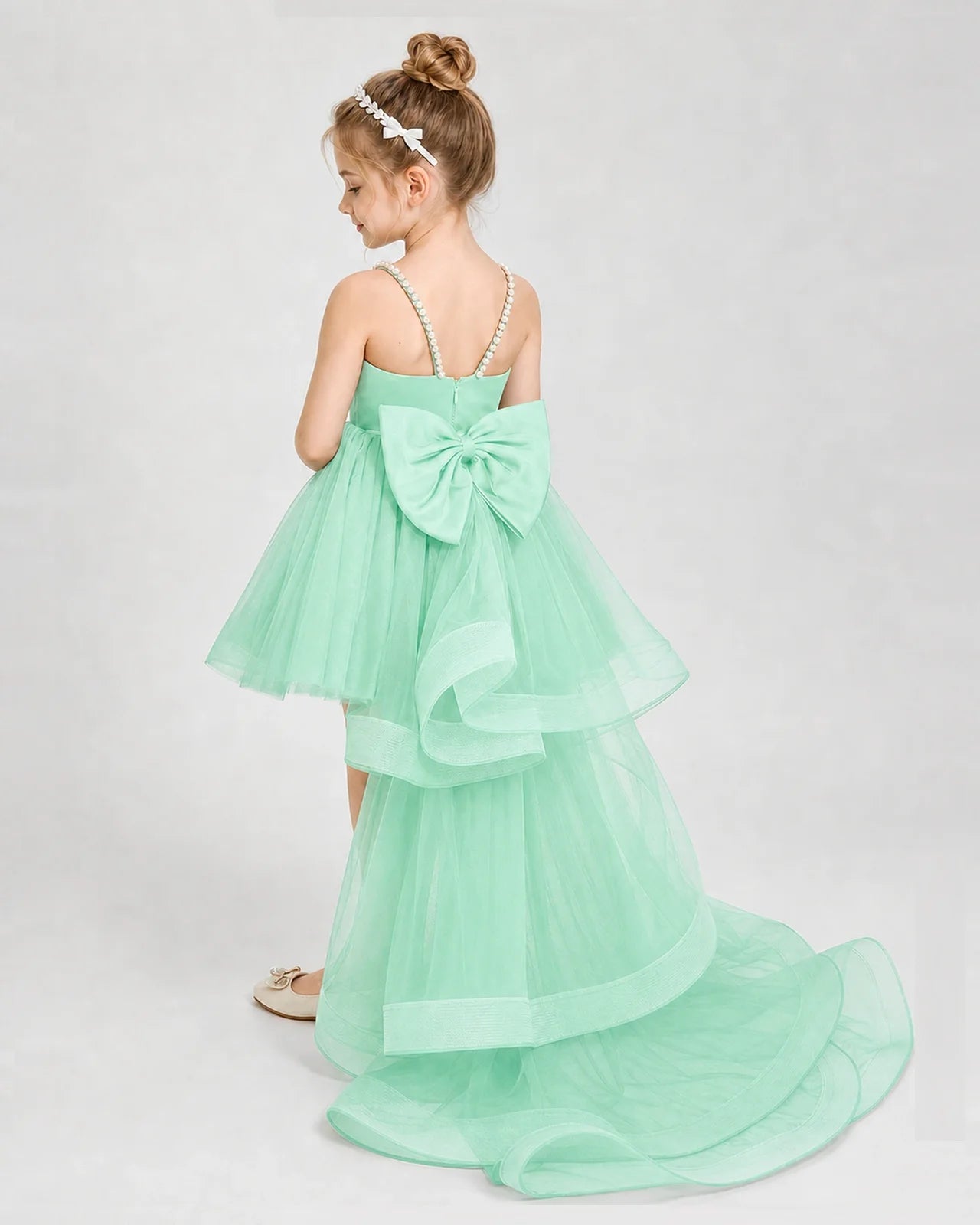 Dideyttawl Pearl Strap High-Low Tulle Girl Pageant Dress