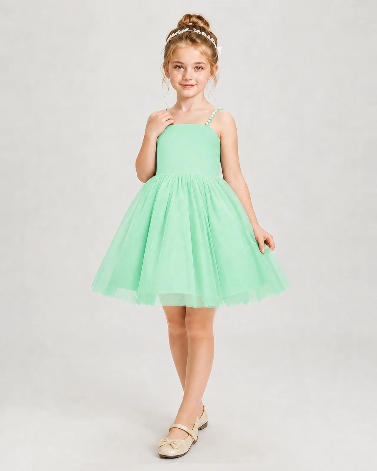Dideyttawl Pearl Strap High-Low Tulle Girl Pageant Dress