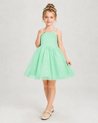 Dideyttawl Pearl Strap High-Low Tulle Girl Pageant Dress