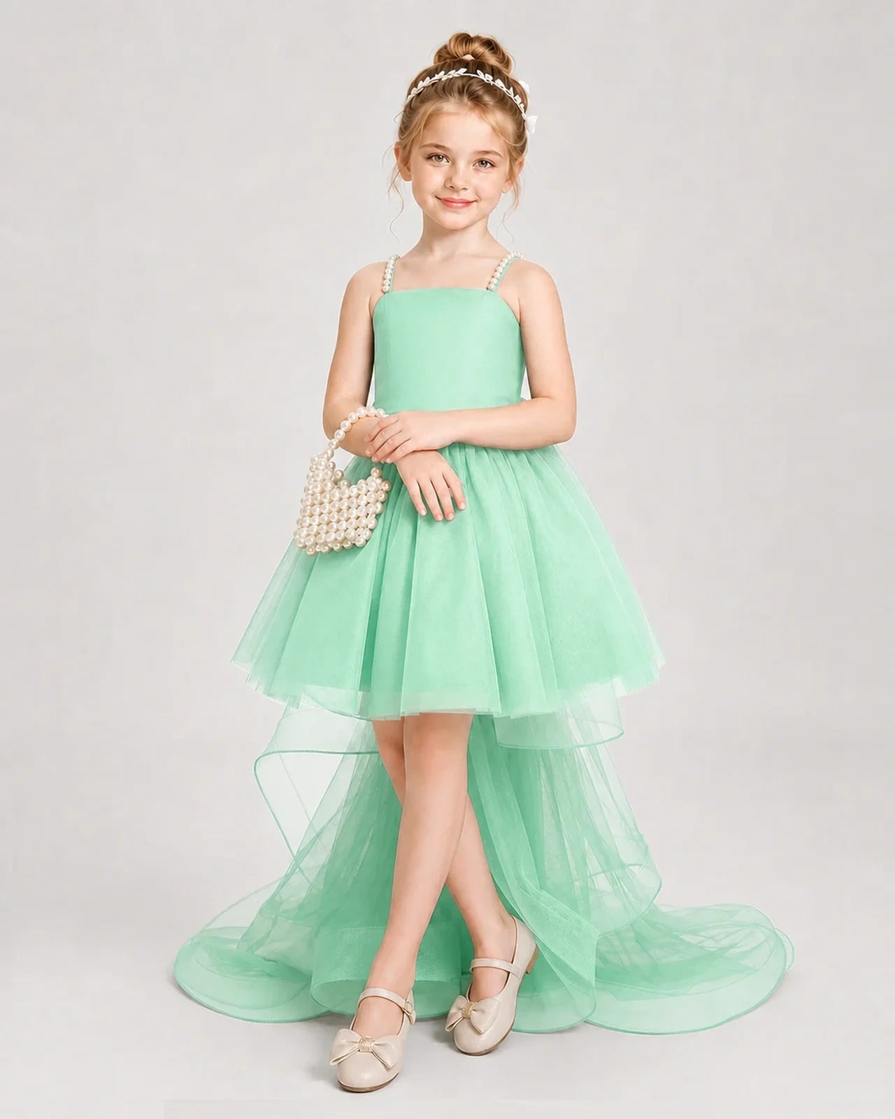 Dideyttawl Pearl Strap High-Low Tulle Girl Pageant Dress