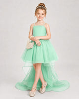 Mint Green Satin Tulle High Low Girls Pageant Dresses