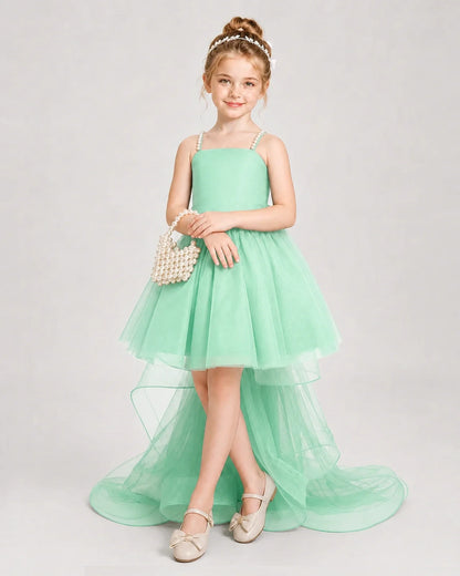 Dideyttawl Pearl Strap High-Low Tulle Girl Pageant Dress
